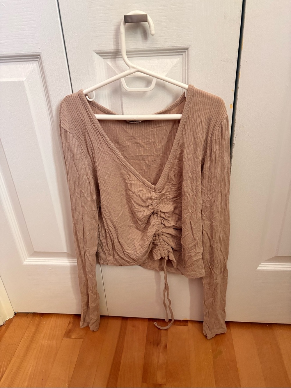 Garage Ruched V-Neck Long Sleeve Top in Taupe